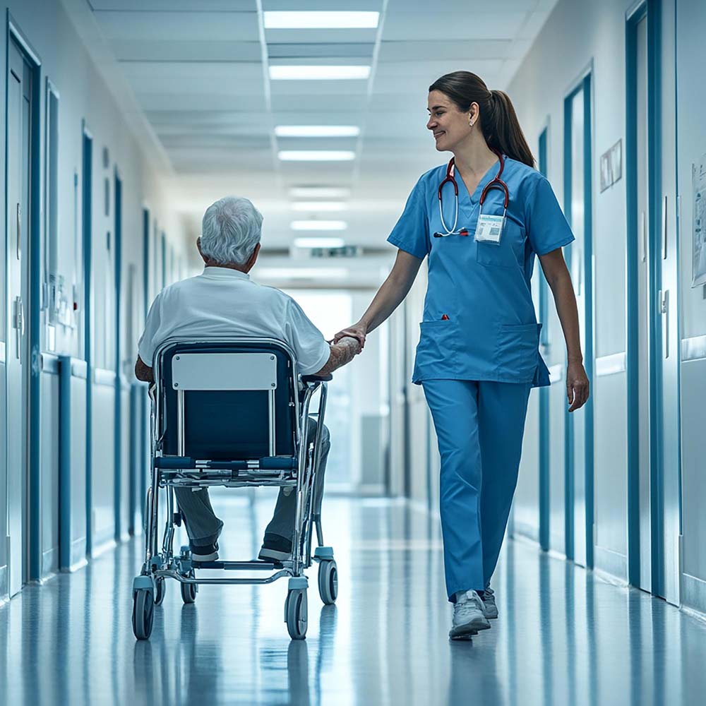 Nurse assisting patient in hospital corridor